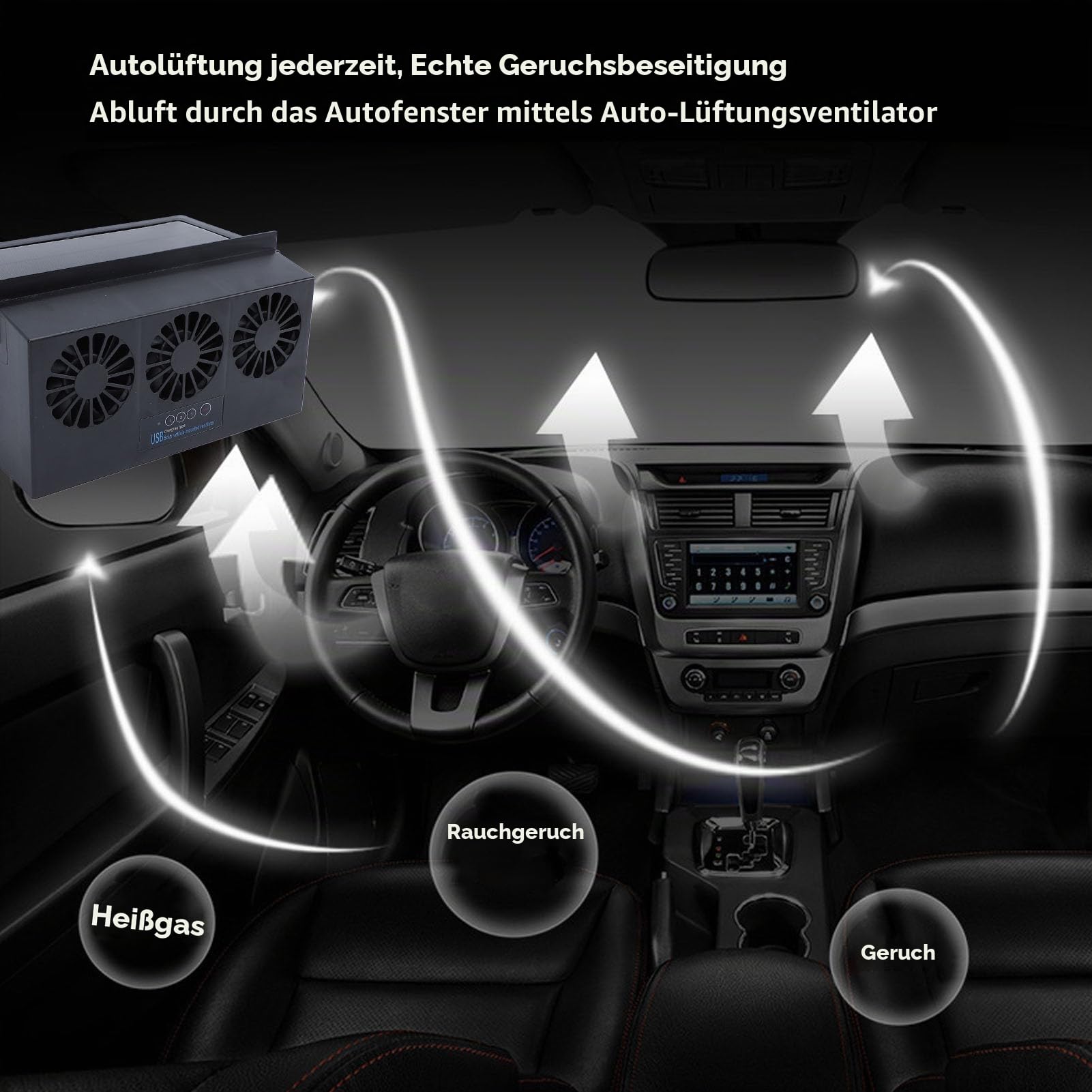 Auto-Abluftventilator, 4500 U/min, 3 Ventilatoren, Solarbetrieben, Auto-Lüftungsgitter, Kühlerventilatoren, USB-betrieben, Energiesparend, Leise, Autofenster-Kühler, Luftreiniger