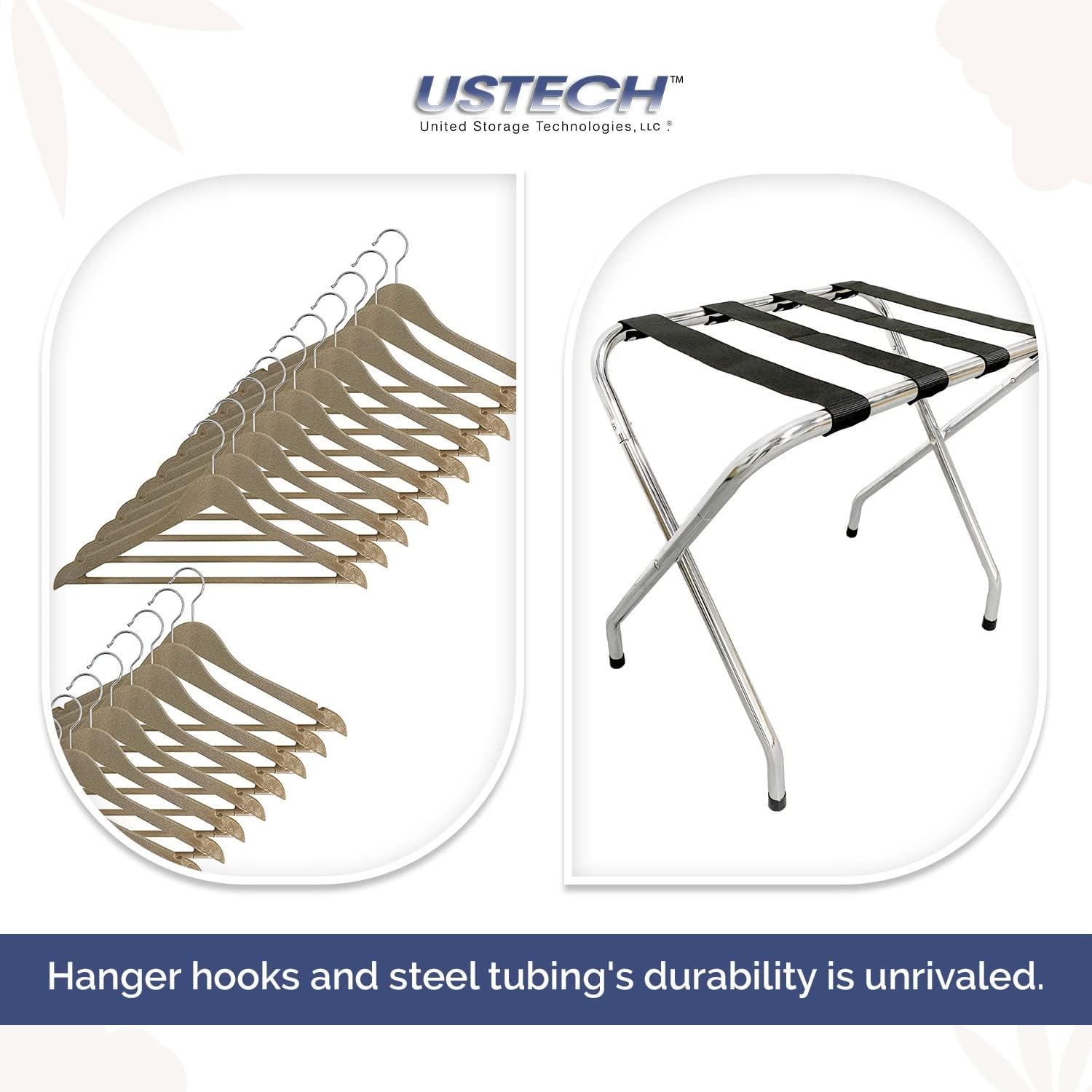 USTECH Combo Set of Wood Look Bow Shaped Plastic Hanger for Suits/Dresses (Set of 20), & Single Shelf X- Shaped Stainless-Steel Foldable Luggage-Rack for Suitcase/Briefcase (Set of 1)