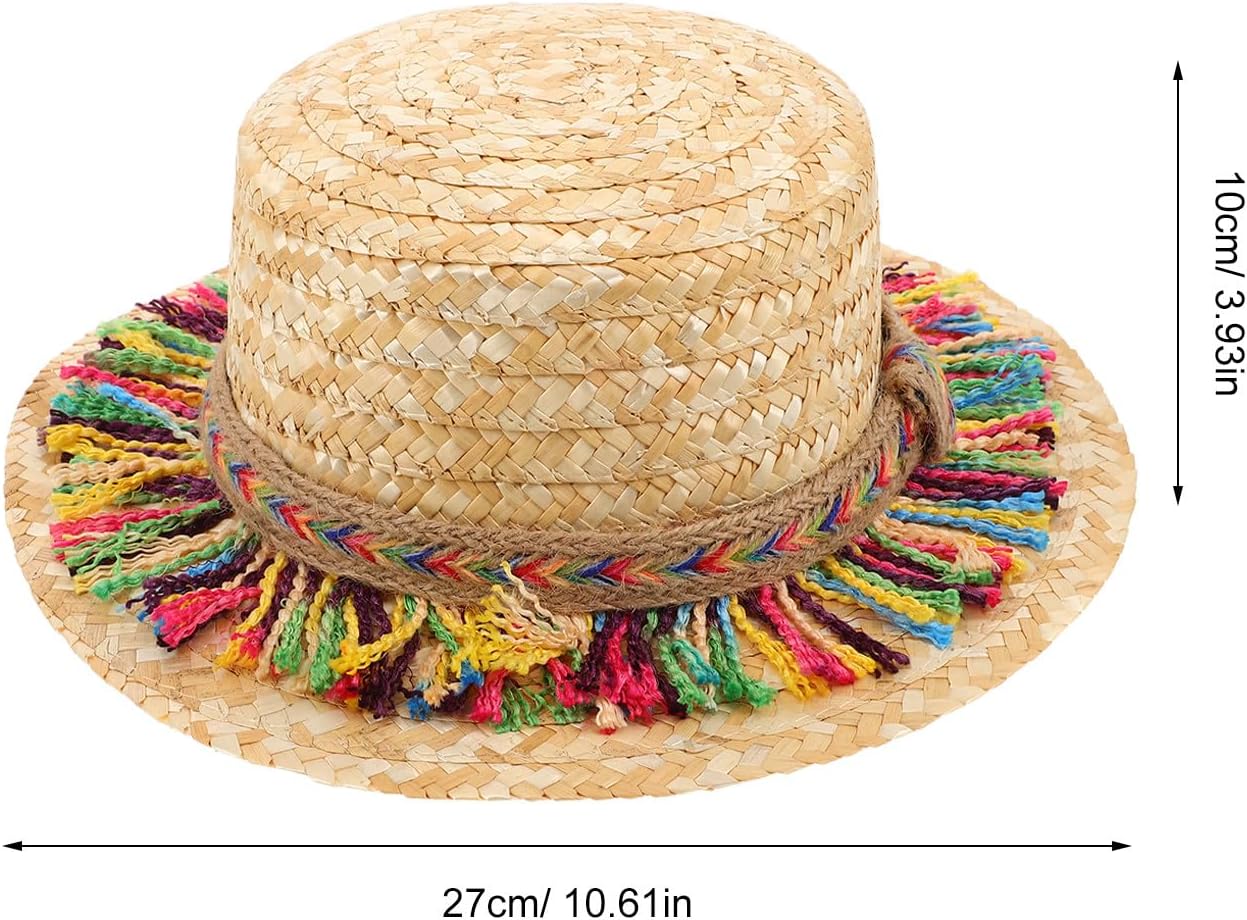 Beach Straw Hat for Summer Holiday, Colorful Tassel Sun Hat with Ribbon, Wide Brim Floppy Cap for Seaside Vacation, Soft Khaki, Kid Size 52-54cm