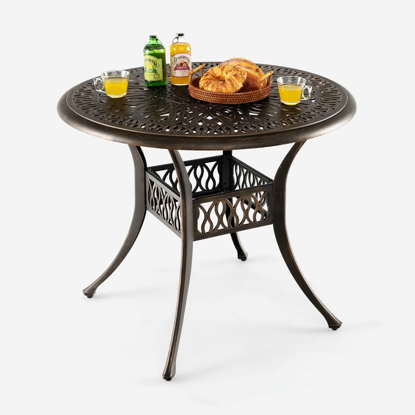 GIANTEX Ronde tuintafel, bistrotafel met dienblad 80 cm, van gehard glas en parasolgat, gelakt metalen frame voor balkon, terras, tuin (rond