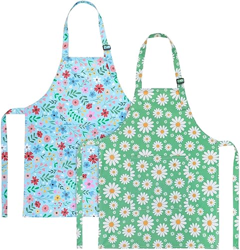 Miniatura 1 de Paquete de 2 delantales para niños, bonitos delantales de cocina, delantal de arte impermeable con bolsillos, delantal ajustable para pintores para