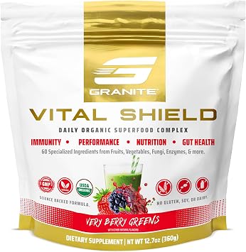 Granite Nutrition Vital Shield - USDA Organic Superfood Greens with Mushrooms & Tart Cherry for Energy, Immunity & Gut Health - Very Berry 30 Servings