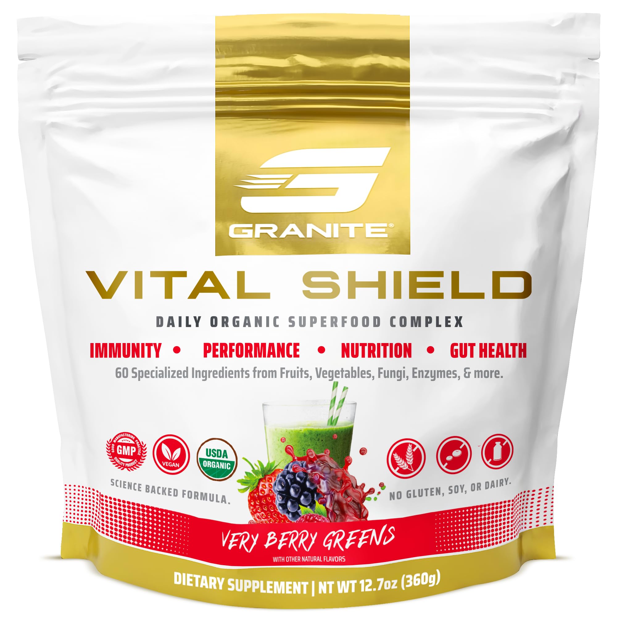 (inv) Granite Nutrition Vital Shield - USDA Organic Superfood Greens with Mushrooms & Tart Cherry for Energy, Immunity & Gut Health - Very Berry (30 Servings)