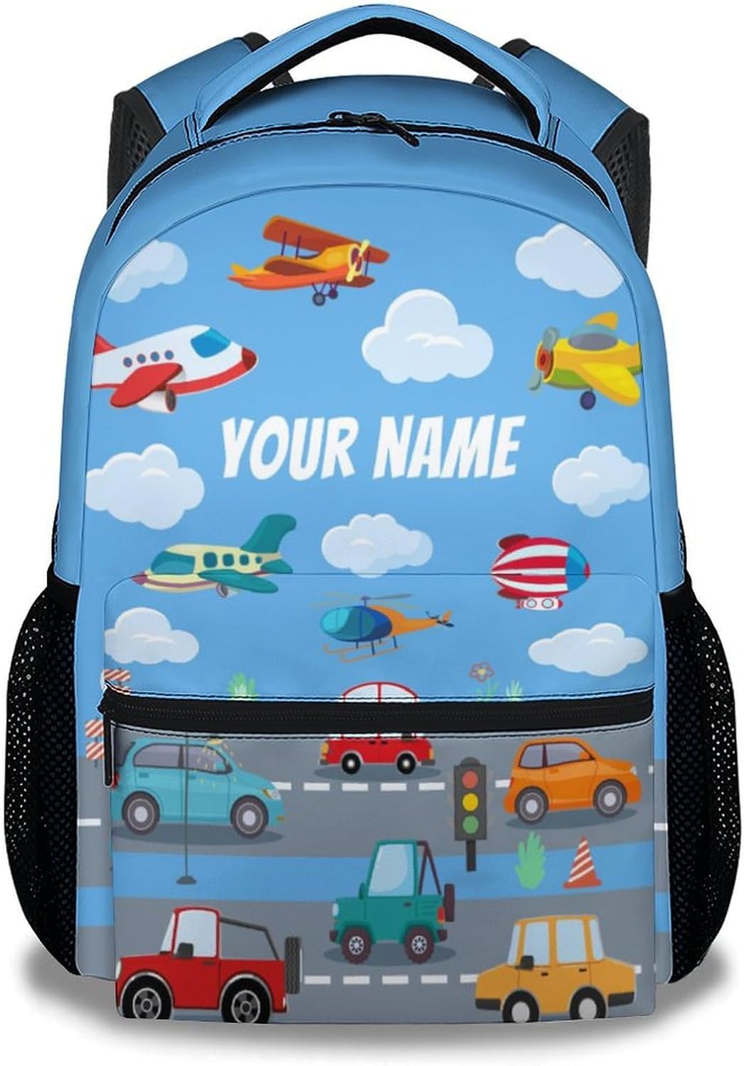 Custom Boys Backpack for School, Airplane Backpacks for Kids, Personalized Large Capacity Daypack for Preschool,Travel, Cartoon Blue Lightweight Bookbag