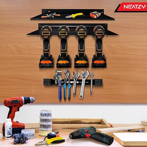 Miniatura 7 de Organizador de herramientas eléctricas para montaje en pared, estante de taladro de 4 ranuras con estante