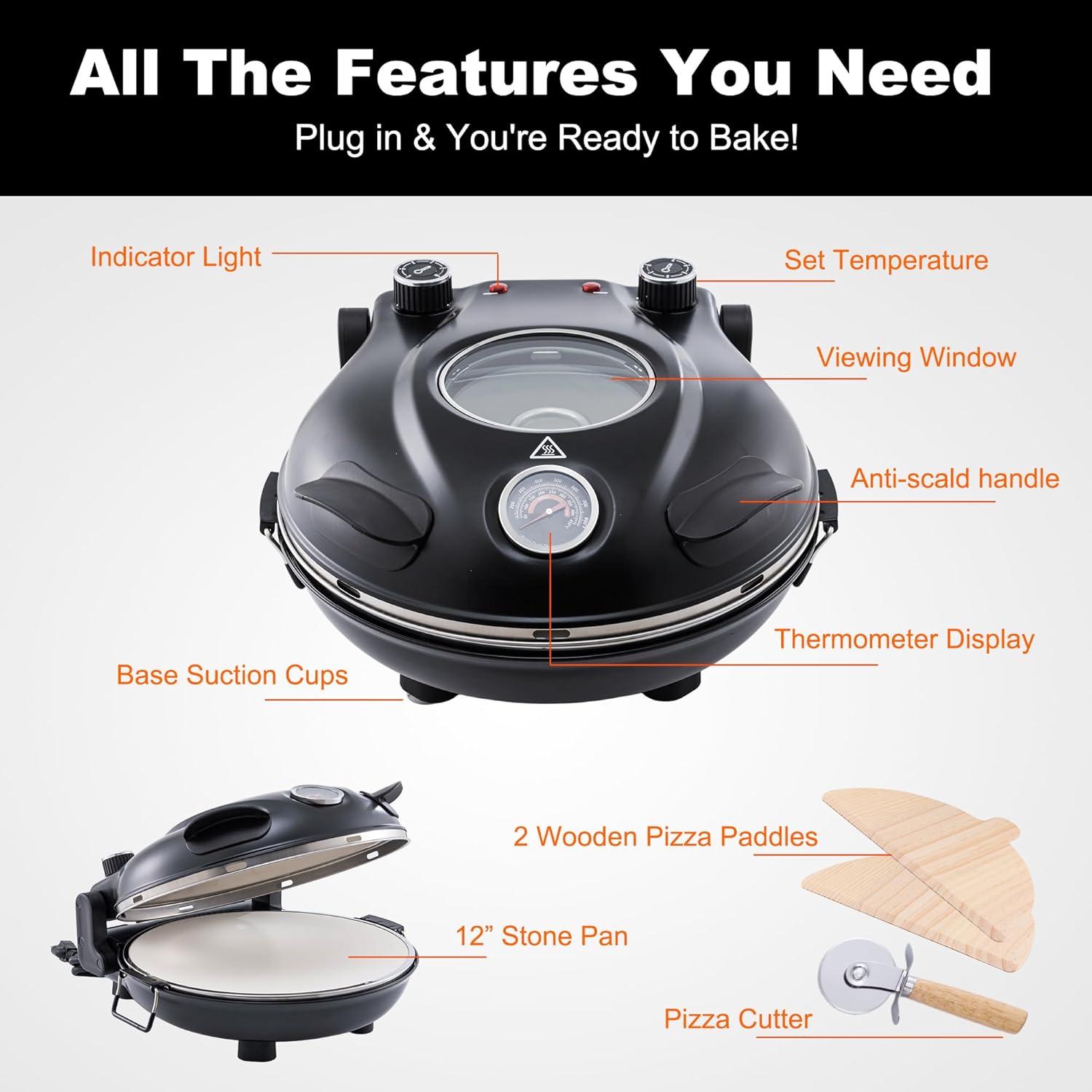 Pizza Maker(Black), Pizza Oven,Indoor Portable Electric Pizza Oven,Portable Small Pizza Oven Cooker,12-Inch Electric Indoor Pizza Cooker,Dual Temperature control Pizza Maker Machine with Timer