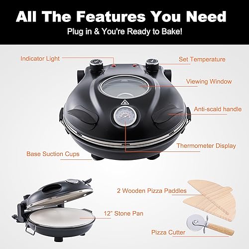 Miniatura 4 de Máquina para hacer pizza (negro), horno de pizza, horno eléctrico portátil de pizza para interiores, cocina de pizza pequeña portátil, cocina