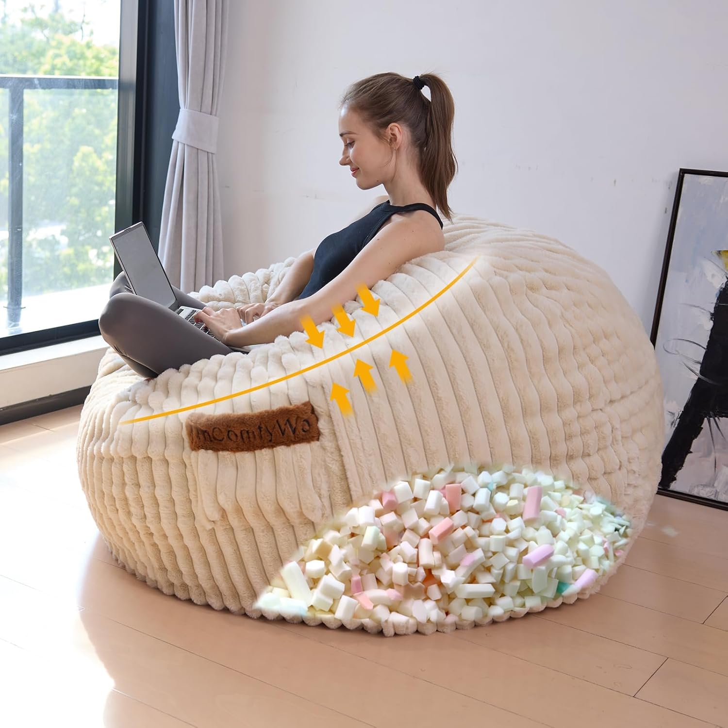 4ft Bean Bags Chair for Adults, Giant Beanbag Chair with Memory Foam Filled, Soft Comfy Large Bean Bag Couch Big Sofa Bed for Living Room Bedroom (Beige)