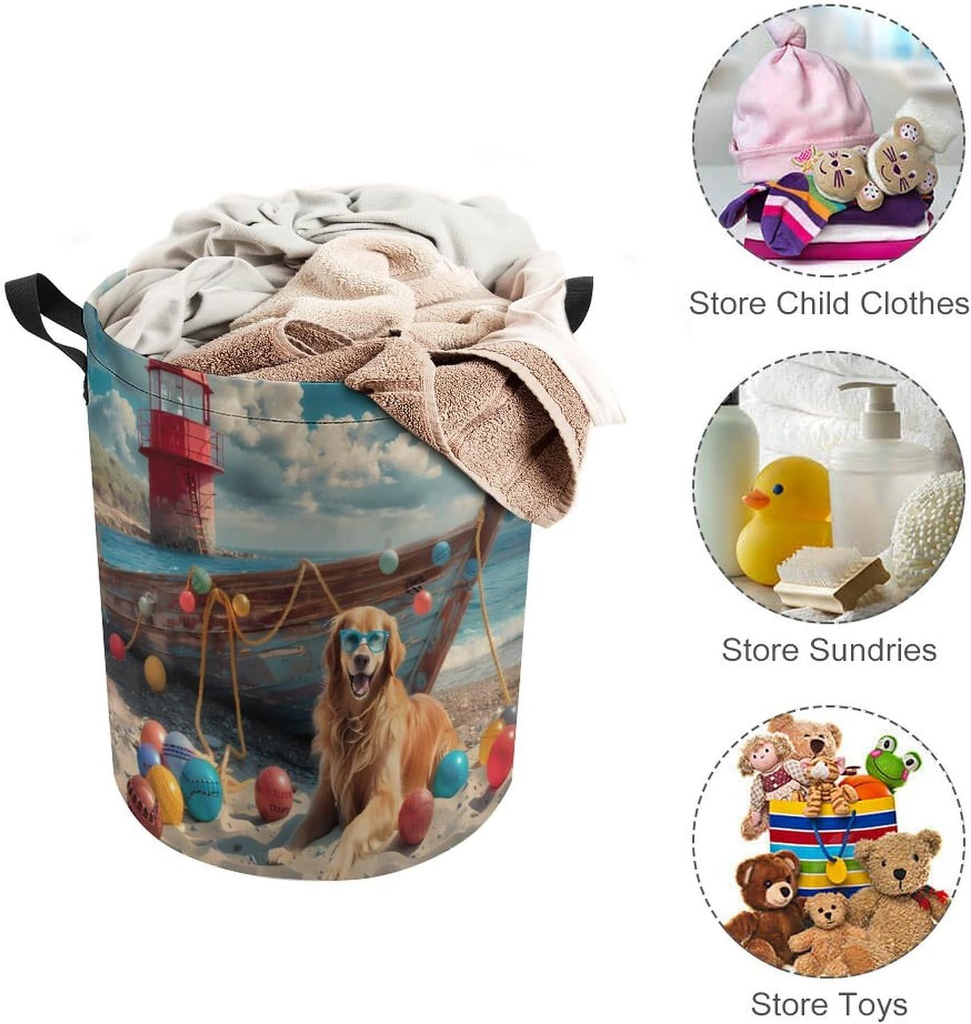 Beach Retriever Dog Laundry Basket Dirty Clothes Hamper Storage Laundry Bag with Handles for Dorm Room 44x35cm