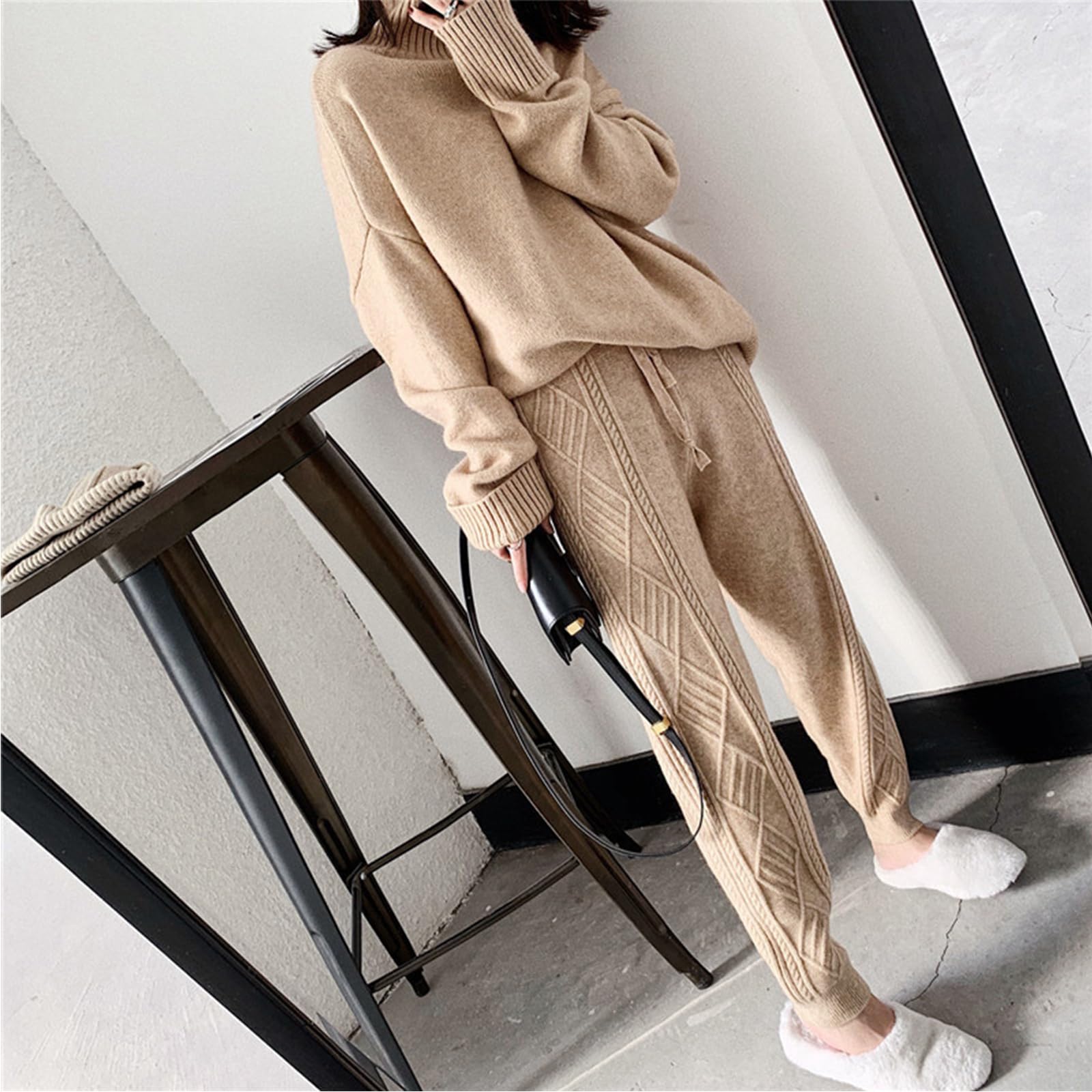 Pantaloni Larghi Da Donna - Pantaloni Harem Ispessiti Da Donna Invernali Coulisse Retrò Coulisse Casual Pantaloni In Maglia Ritorta Pantaloni Caldi Maglione Pantaloni Gamba Dritta Sottile Semplice