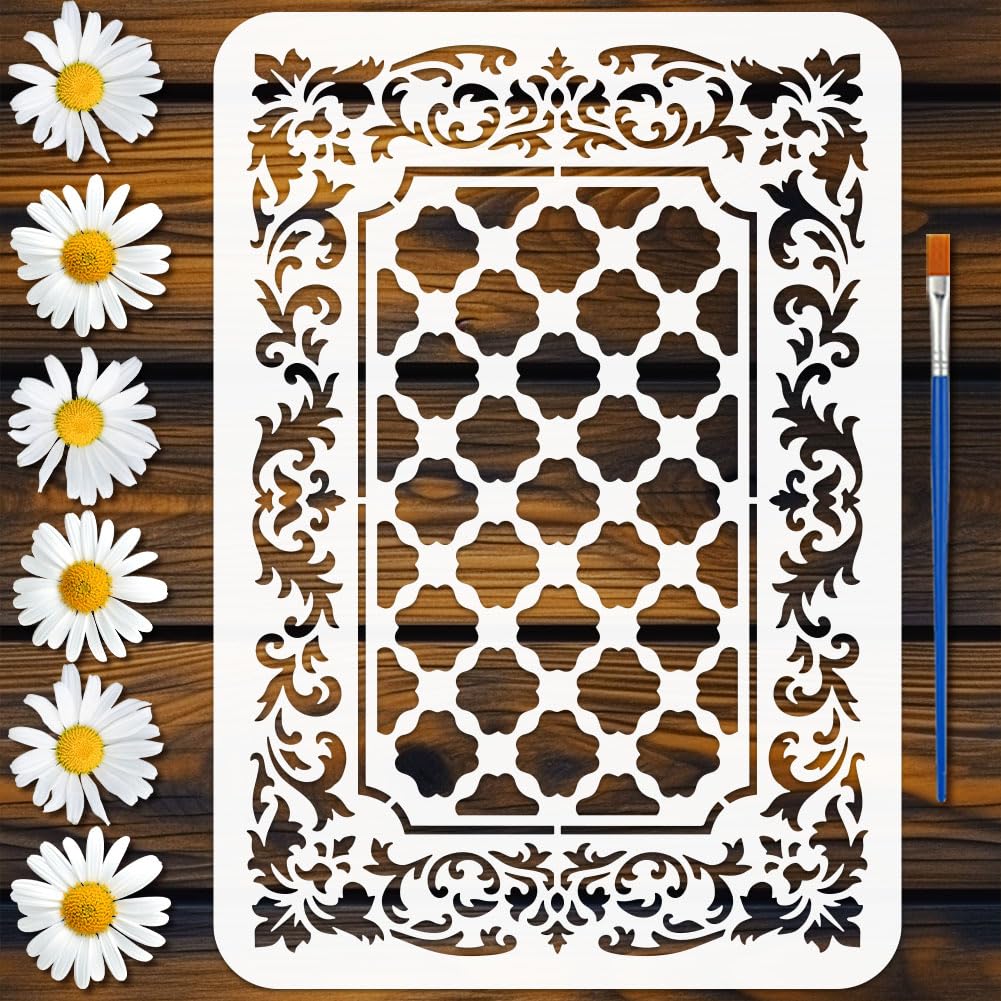 FINGERINSPIRE Islamic Baroque Brocade Patterns Stencil with 1Pc Brush 21x29.7cm Islamic Border Painting Stencil Baroque Brocade Template Floral Theme Template for Painting on Wood Wall DIY Home Decor
