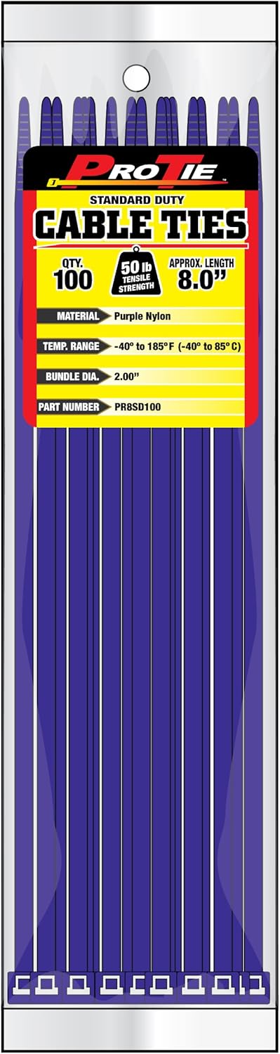 Pro Tie Standard Duty, Self-Locking UV Nylon Cable Wire Ties for Indoor and Outdoor Use |8-Inch, 50 lbs. Tensile Strength, UV Black Nylon, 1000-Pack (PN: B8SD1000)