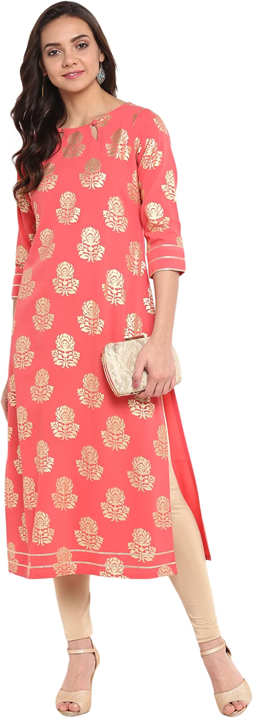 JanasyaIndian Women's Peach Printed Kurta Kurti Top Tunic Festive Casual wear Kurta for Women