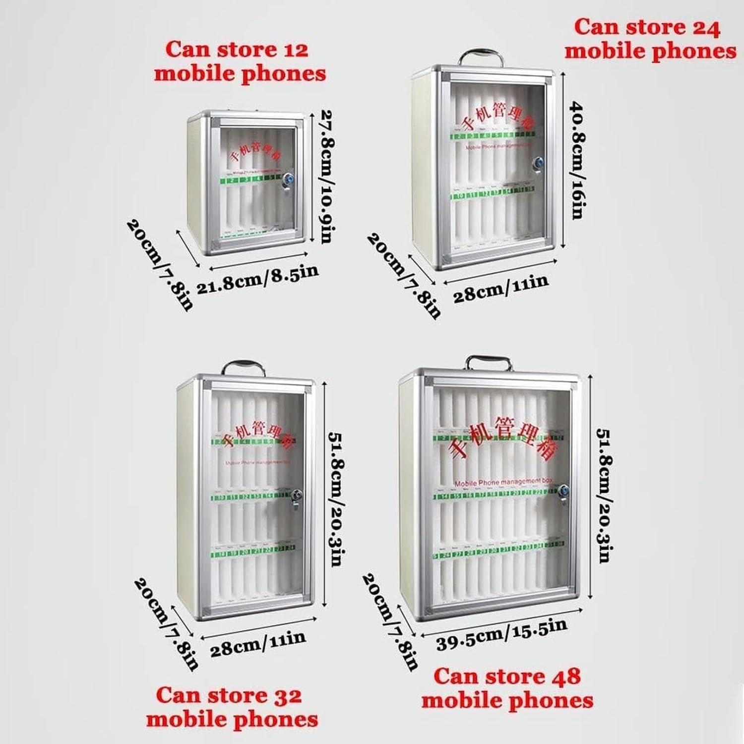 Cell Phone Cabinet, Cell Phone Locker, The Phone Lock Box Cell Phone Holder Alloy Clear Cell Phones Storage Cabinet for Office Classroom (Color : Silver, Size : 24)-1, 12