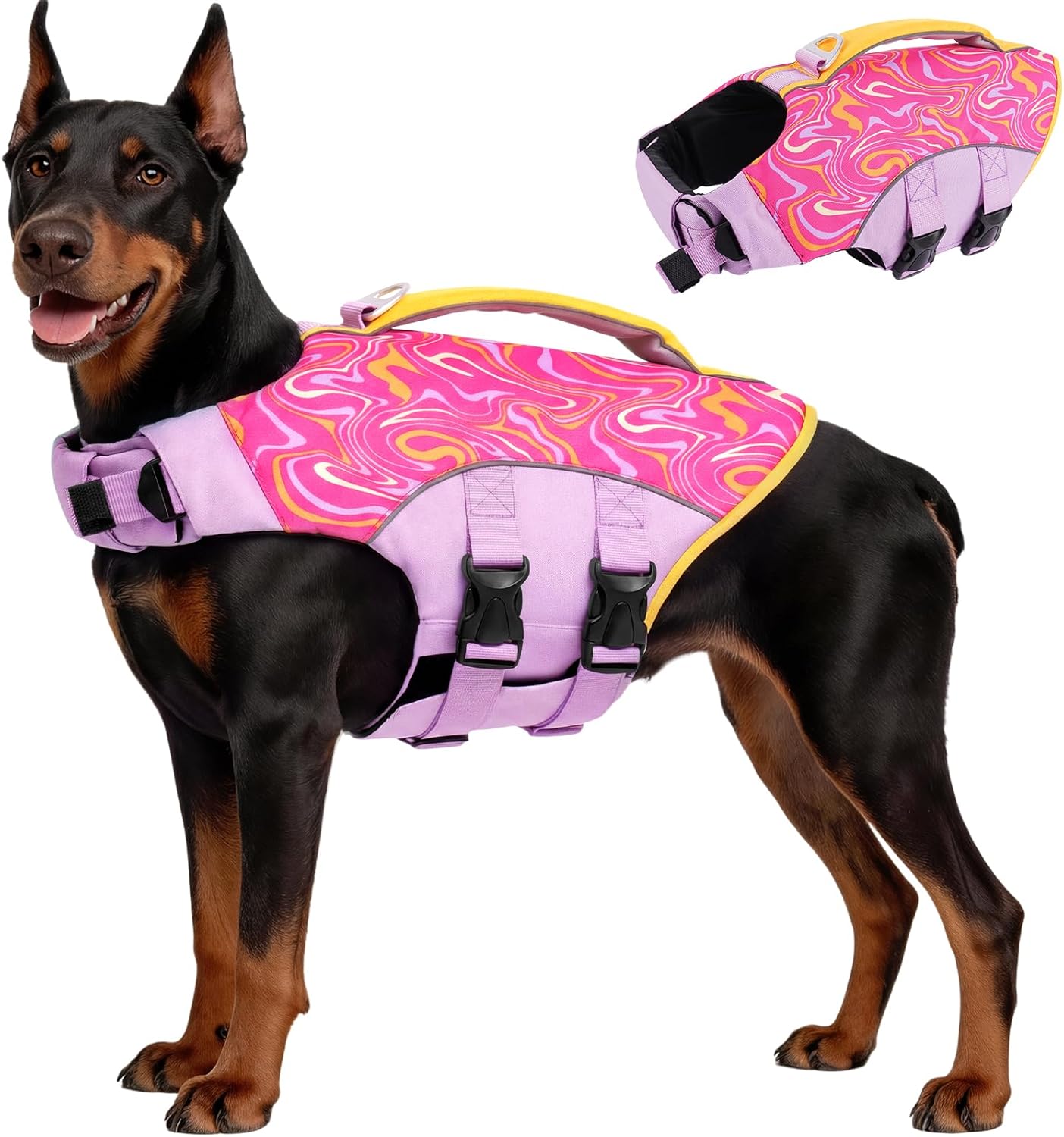 BRKURLEG Dog Life Jacket, High Buoyancy Dog Life Vest for Swimming Boating, Adjustable Reflective Pet Flotation Vest with Rescue Handle, Small Medium Large Dogs Lifesaver for Pool Beach, Purple XXL