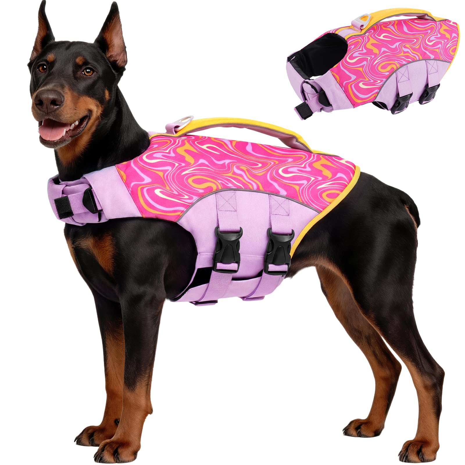 BRKURLEG Dog Life Jacket, High Buoyancy Dog Life Vest for Swimming Boating, Adjustable Reflective Pet Flotation Vest with Rescue Handle, Small Medium Large Dogs Lifesaver for Pool Beach, Purple XL