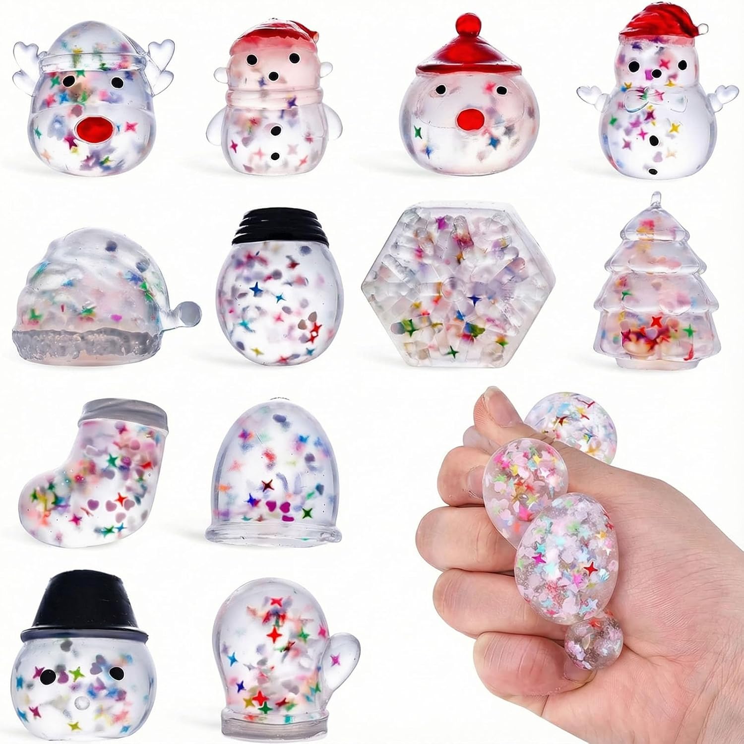 LovesTown 30 Pcs Christmas Stress Balls for Kids, Clear Glitter Squeeze Toys, Stocking Stuffers, Advent Calendar Fillers, Xmas Party Favors Goodie Bag Fillers