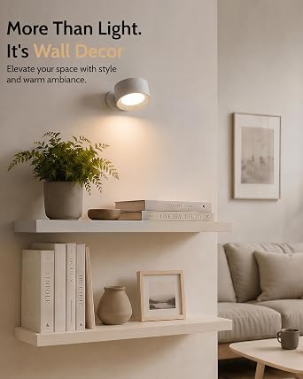 LED Wall Mounted Lights, Rechargeable Wall Sconces, 3 Color Temps, Remote & Touch, 360 Rotating and Dimmable for Bedroom, Bedside & Reading (White, 2 Pack)