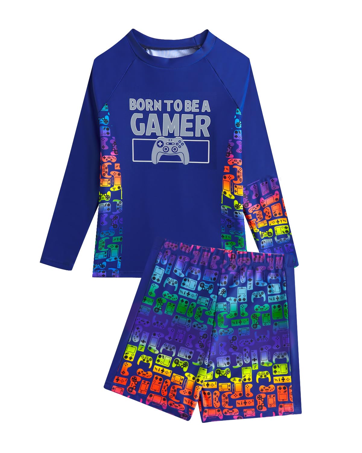 JiAmy Jungen Badekleidung Sets, Stylischer Druck UV-Schutz Langarm-Shirt und Badehose Zweiteiliger Kinder Badeanzug für 8-13 Jahre/122-150