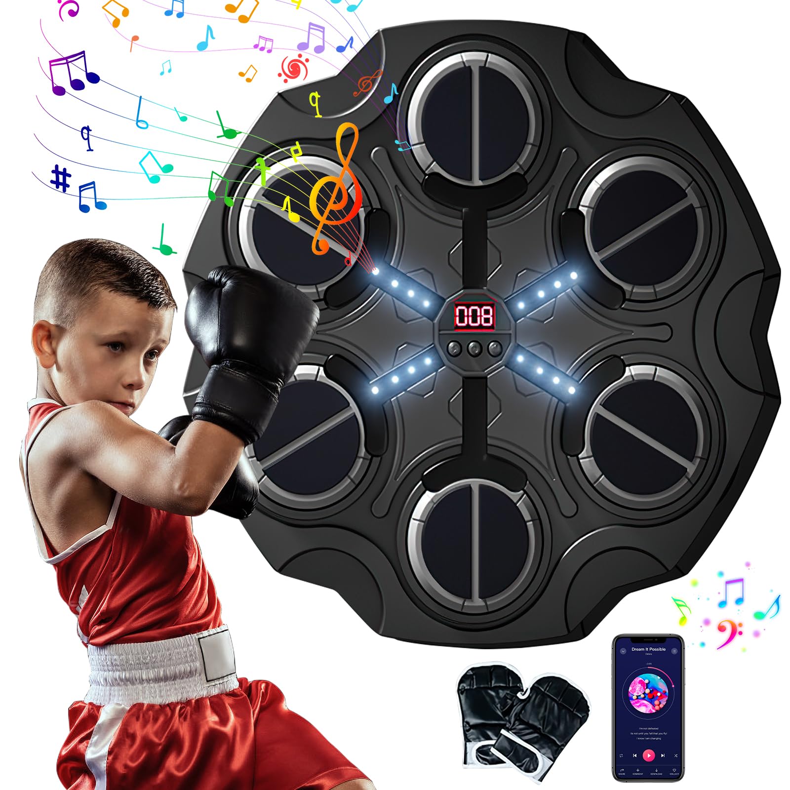 Machine De Boxe Musicale Bluetooth - 9 Modes De Vitesse, LED Lumineux, Avec Gants, Pour Fitness Maison