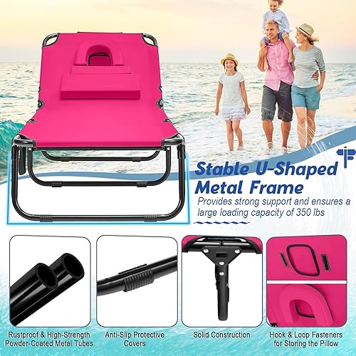 Miniatura 8 de Goplus Silla bronceadora, silla de playa plegable con orificio para la cara, almohada extraíble, capacidad de 350 libras, correa de transporte,