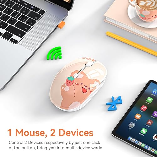 Miniatura 2 de Bonito mouse inalámbrico Bluetooth con receptor USB de 2.4 GHz, clics silenciosos, alimentado por batería AA, duradero, bonito ratón de dibujos