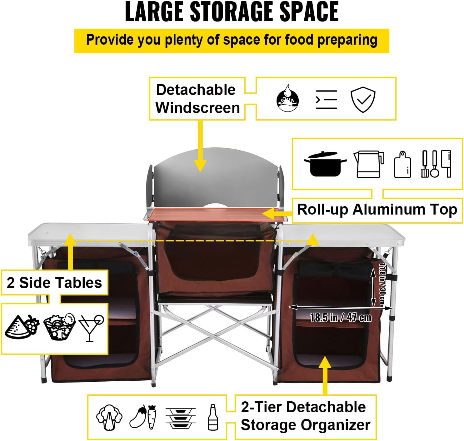 Happybuy Camping Kitchen Table, 3 Storage Organizer, Aluminum Windscreen Outdoor Folding Grill Station with 2 Side Tables, Camping Supplies and Accessories for BBQ Picnic Fishing Party Use, Brown : Patio, Lawn & Garden