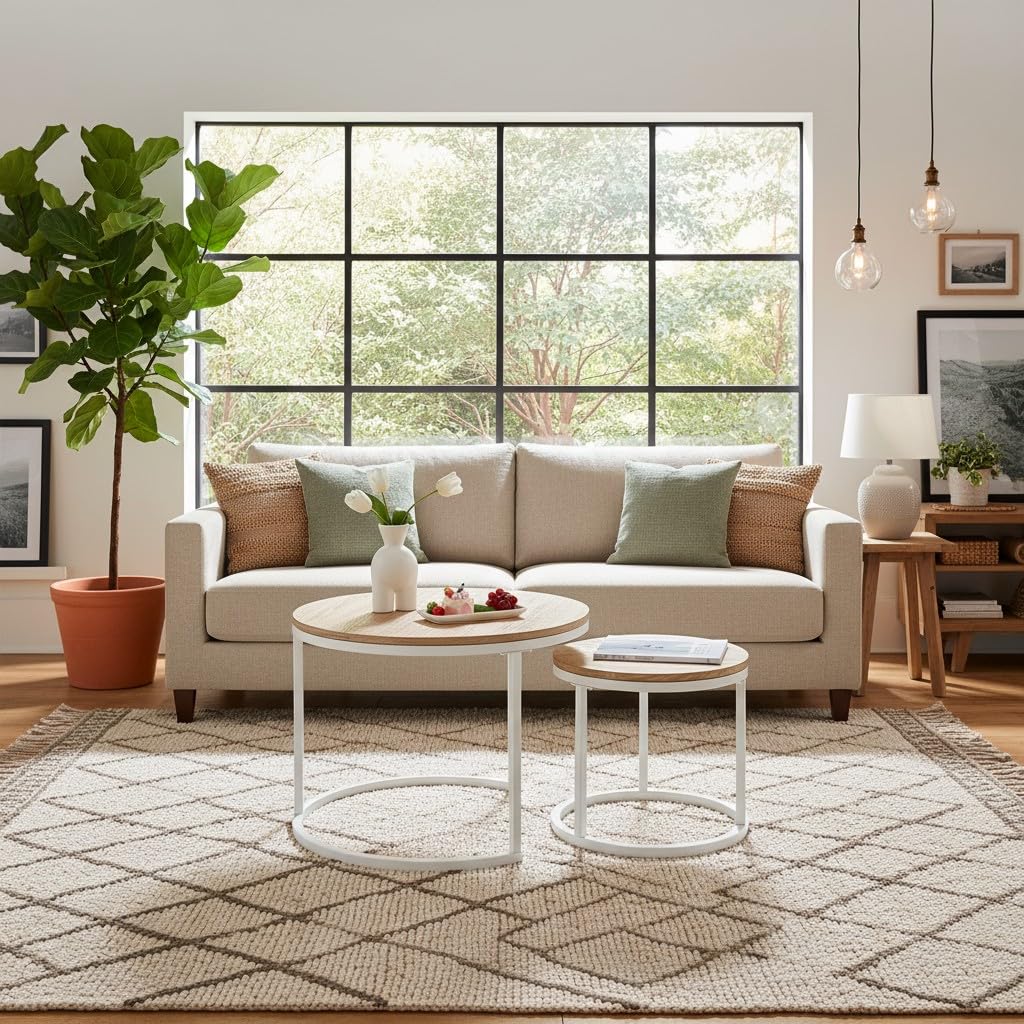 buybyroom 2er-Set verschachtelbare Couchtische im skandinavischen Stil - Runde Wohnzimmertische - 60 x 45 cm und 40 x 35 cm - Eichen-Optik