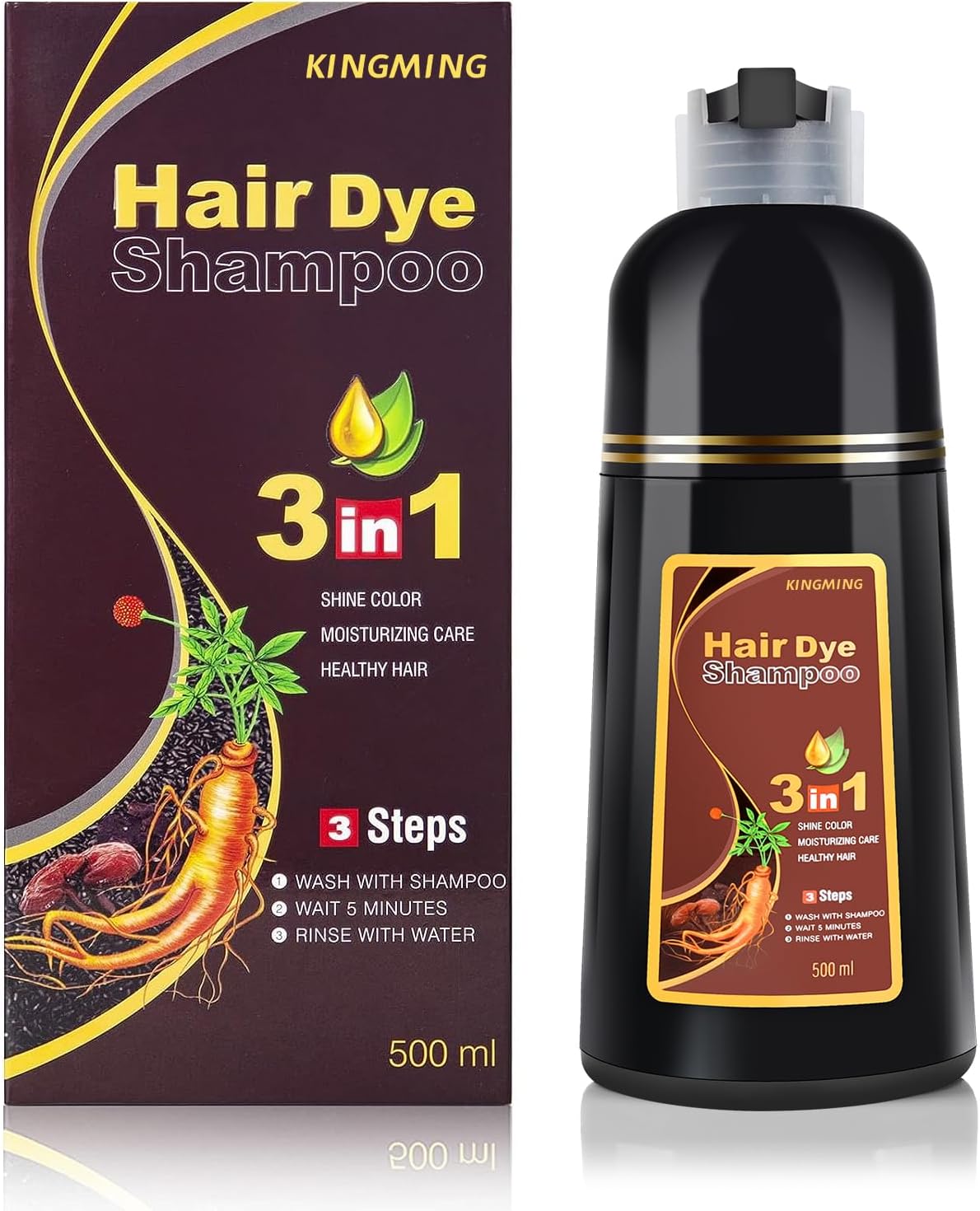KINGMING Dark Brown Herbal Instant Color Shampoo for Gray Hair Coverage for Women & Men - 3 in 1 Champu Con Tinte Para Canas 500ml