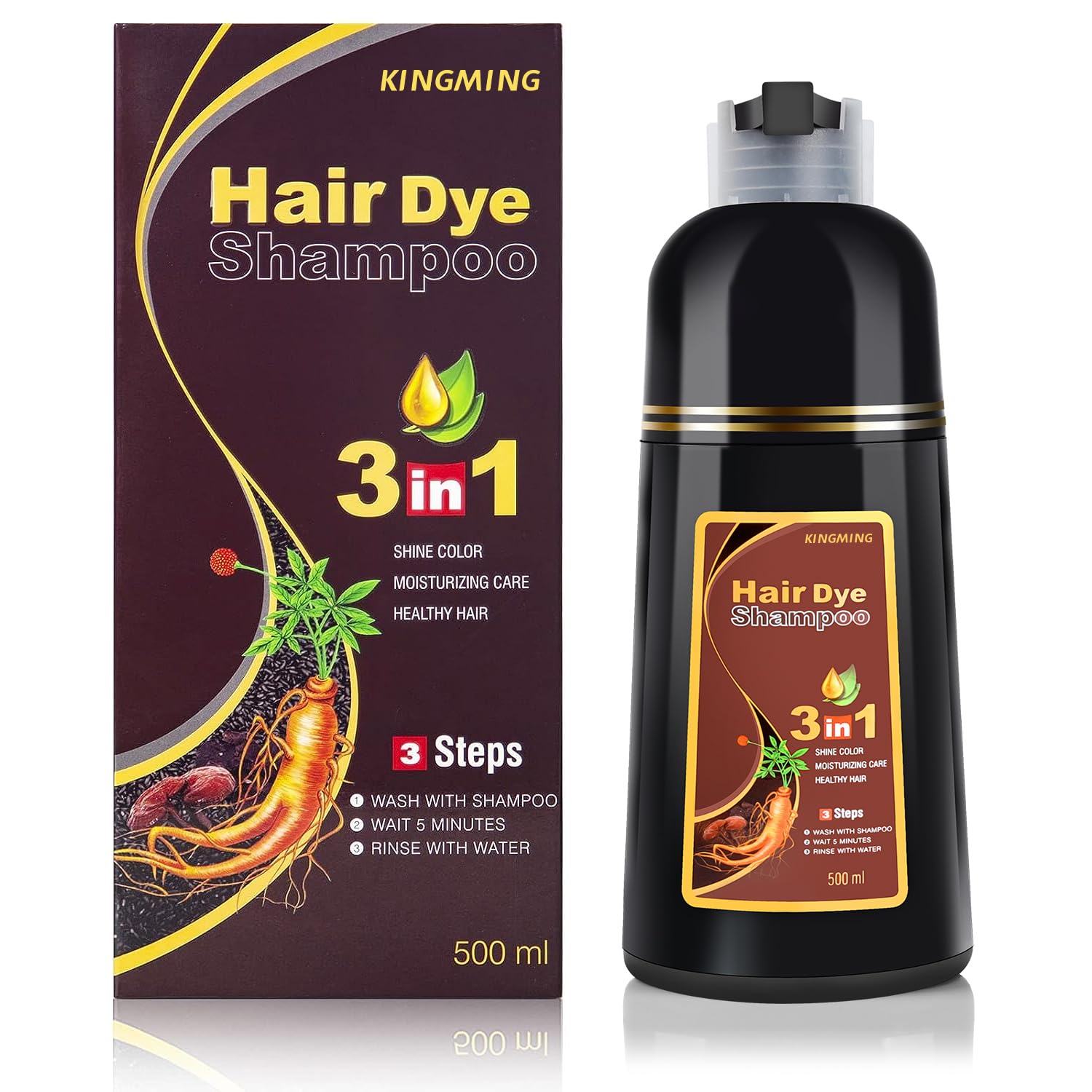 KINGMING Dark Brown Herbal Instant Color Shampoo for Gray Hair Coverage for Women & Men - 3 in 1 Champu Con Tinte Para Canas 500ml