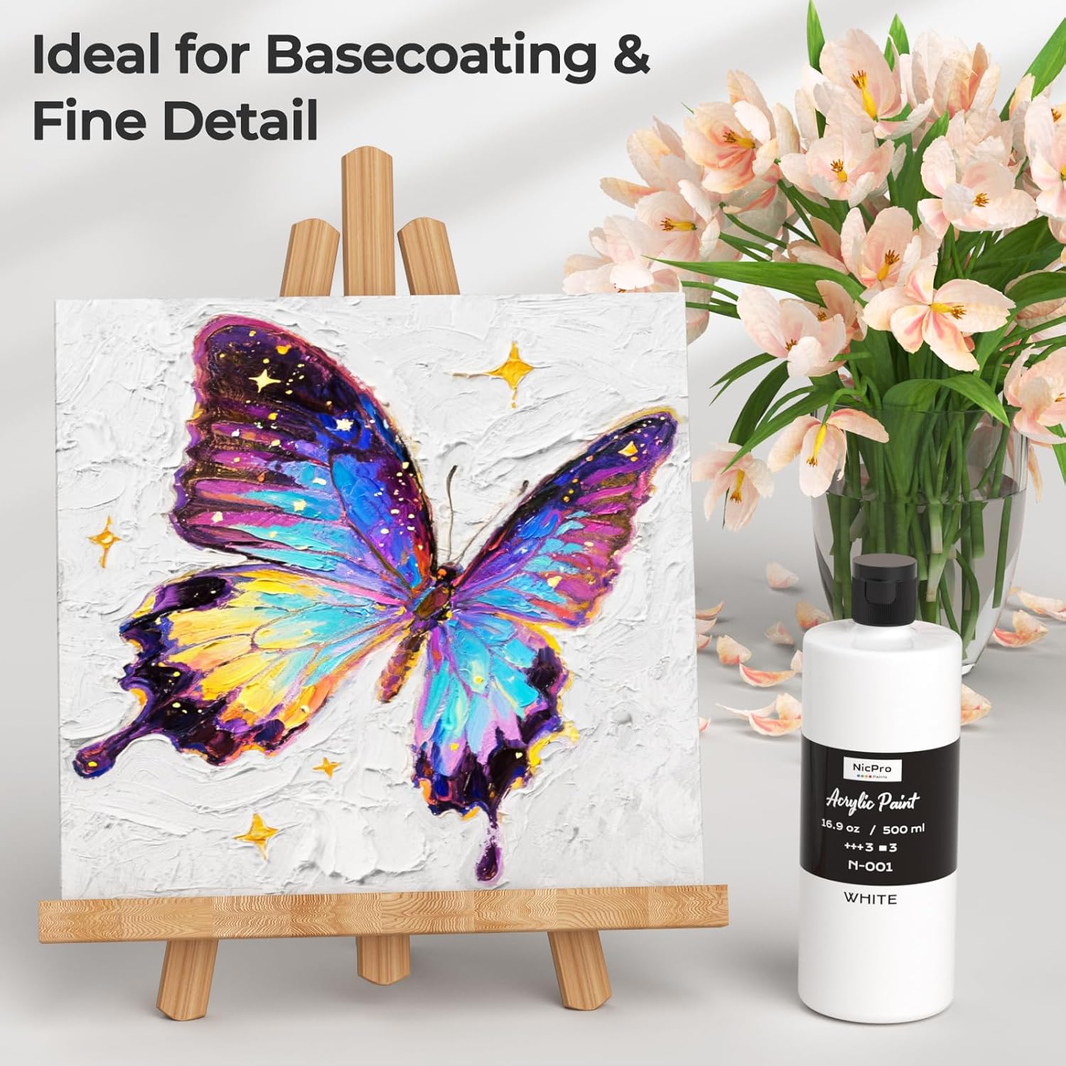 Nicpro 3 Pack White Large Acrylic Paint (16.9 oz, 500 ml), Rich Pigments, Non Toxic Craft Paint for Multi Surface, Canvas, Wood, Leather, Ceramic, Fabric, Stone - Art Painting Supplies for Beginners, Artists & Adults