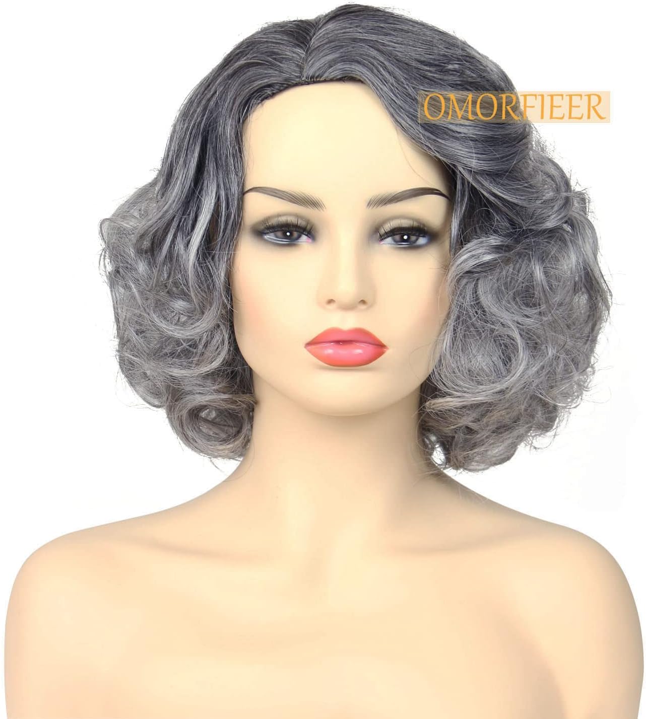 OMORFIEER Old Lady Wig Costume Granny Grey Wigs for Women Short Curly Ombre Cosplay Wig 35 cm