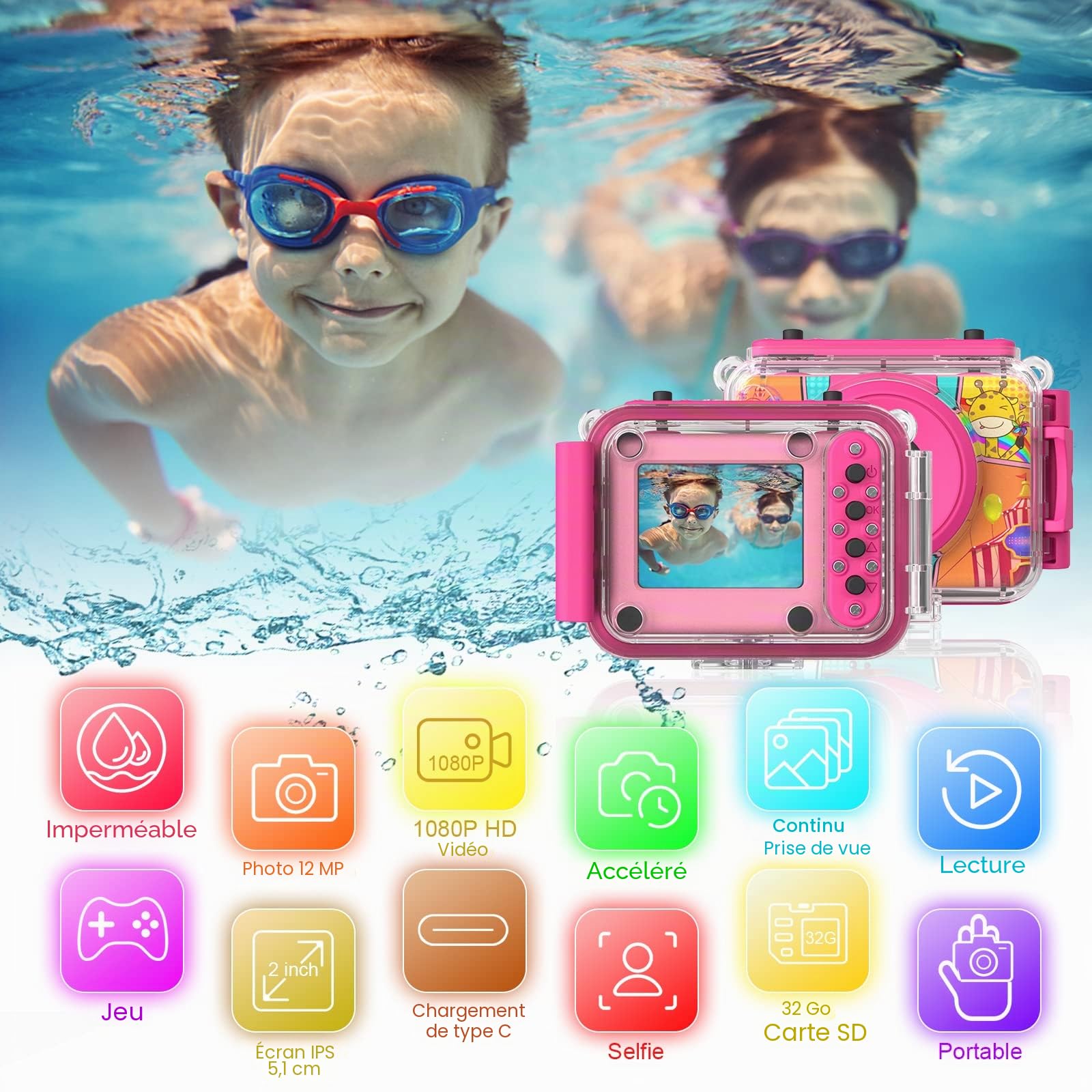 Ushining Appareil Photo Enfant Étanche, 1080P Caméra Vidéo d'action sous-Marine Enfant Appareil Photo Selfie Numérique avec Écran 2,0 Pouces Carte TF 32 Go, Cadeau pour Filles Garçons 3-12 Ans, Rose