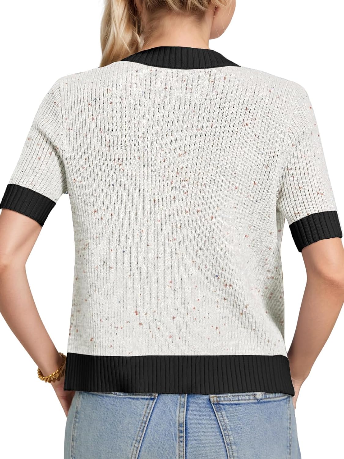 LCXWFE Womens Cropped Short Sleeve Cardigan Sweaters Crew Neck Button Down Tweed Cardigans Knitwear Tops with Pockets - Image 4