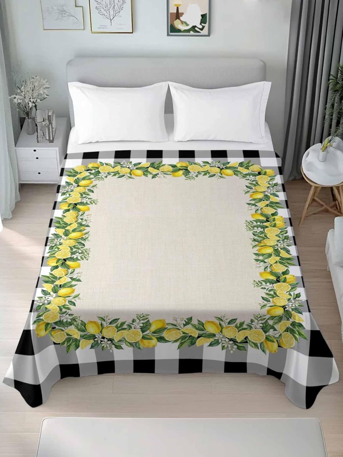 Top Sheet Full Bedding Flat Sheet Only, Farm Lemon Flower Leaves Linen Microfiber Bed Sheets Soft Breathable Bedding Flat Sheets, Classic Black White Buffalo Hotel Luxury Top Sheets