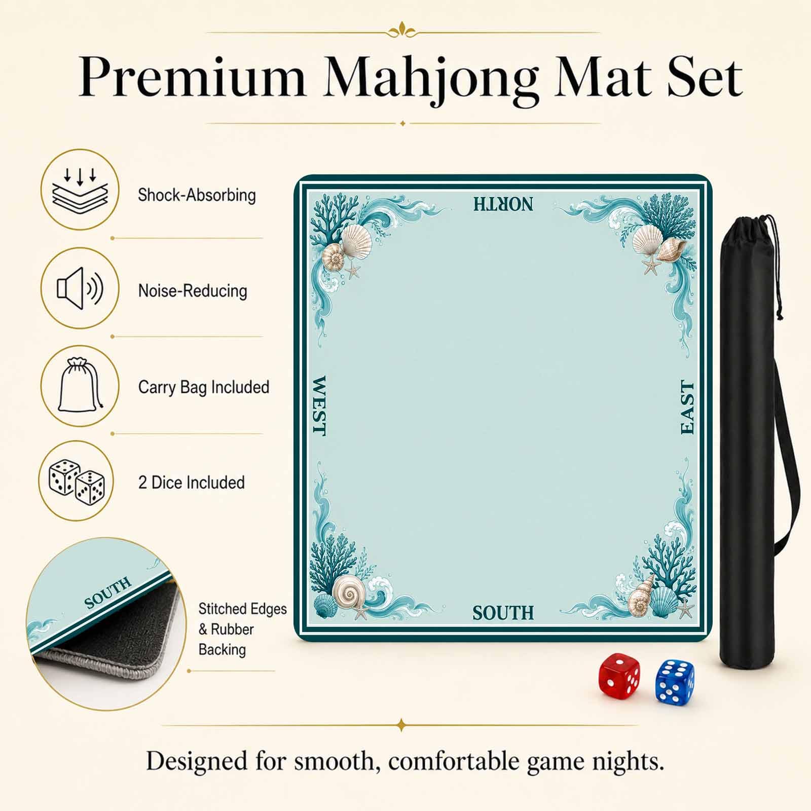 Tapis de Mahjong américain en coquillage bleu sarcelle, tapis de table Mah | La surface de jeu en néoprène aide à saisir les carreaux, adoucir le son, protéger les dessus de table et se range facilement