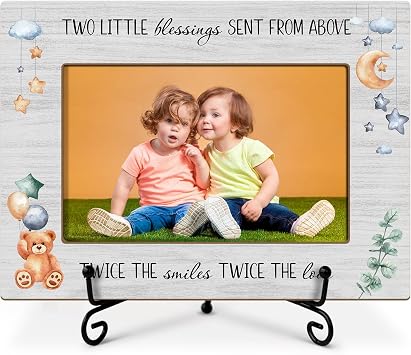 Twins Picture Frame - Twice The Smiles Twice The Love, Baby Gifts For Mom Dad Grandparents, Wood 4x6 Photo Frame With Stand -03