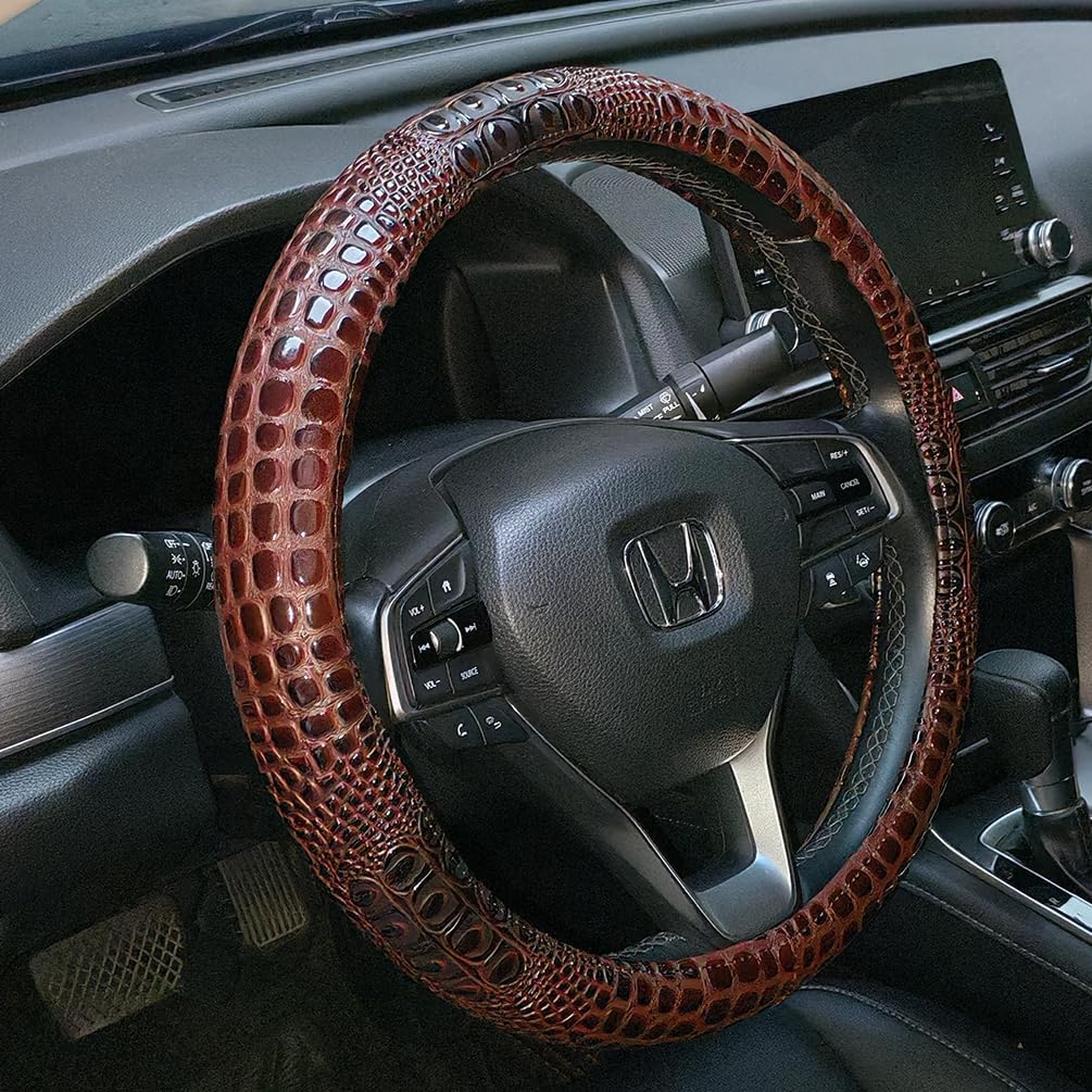 Crocodile Grain Leather Four Seasons Universal Car Steering Wheel Cover Sport Cute Handle Case for Men Auto Interior Accessories, Brown - Image 2