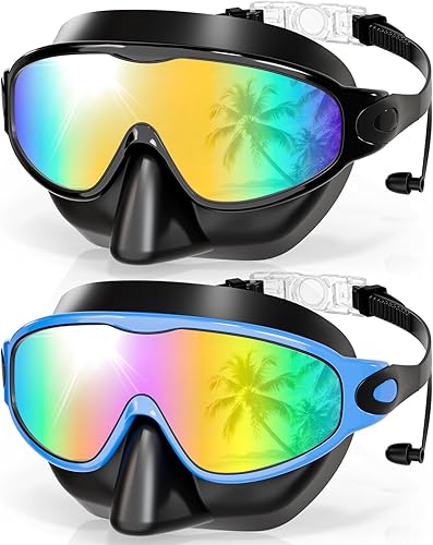 Aegend Gafas de natación con cubierta para la nariz, paquete de 2 máscaras de natación de visión amplia, antivahoUV
