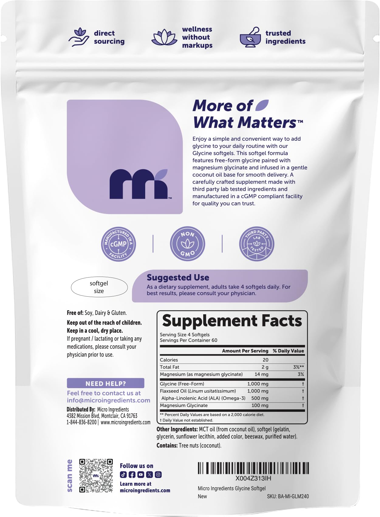 Micro Ingredients Glycine 1,000 mg Per Serving, 240 Softgels | Amino Acid Supplement with Magnesium Glycinate & Omega-3 | Made with MCT Oil | Non-GMO, Gluten Free — Amazon image 6