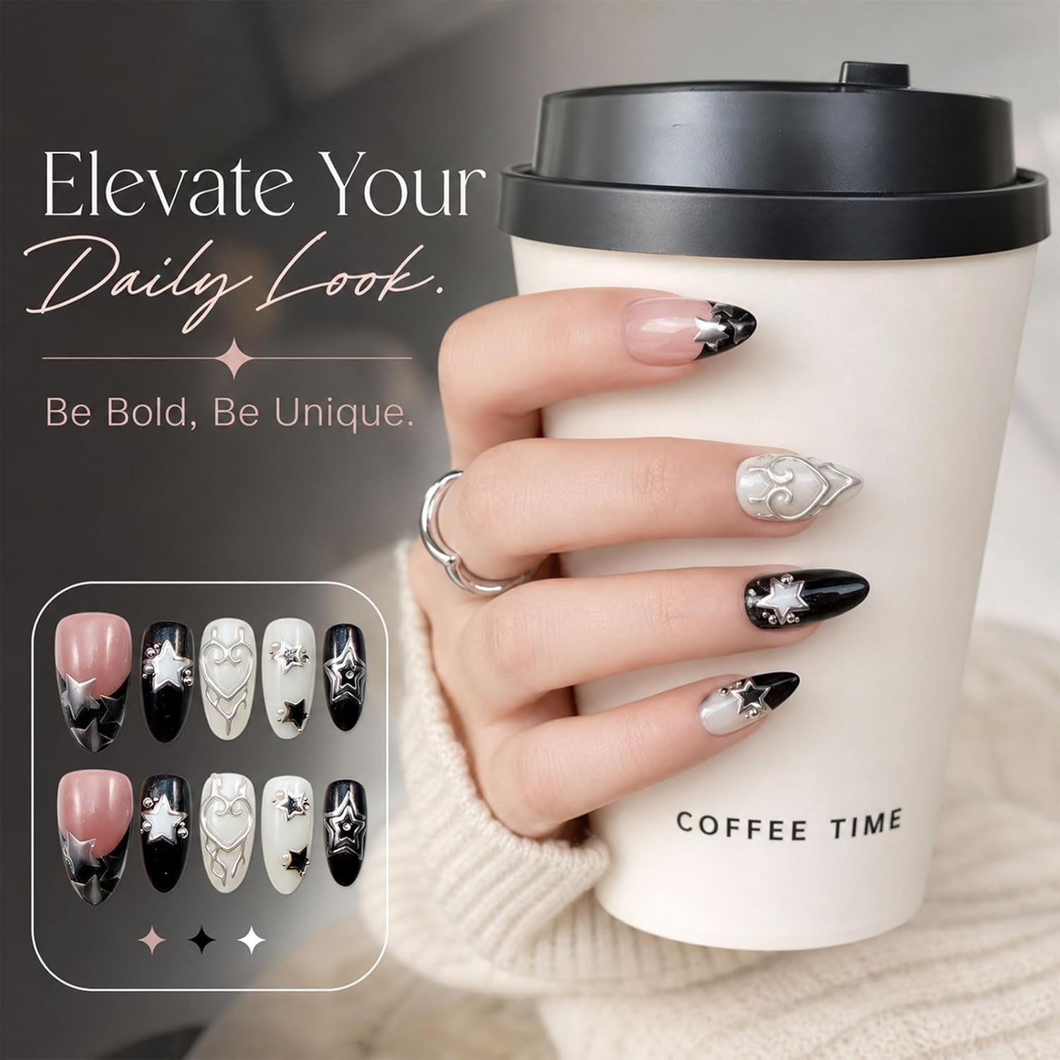10Pcs Handmade Press on Nails - Cyber Stars Y2K Aesthetic, 3D Chrome Silver Star & Patterned Heart Charms, Cyber-Gothic Black White & Nude Pink Reusable False Nails, Salon Level Gel Finish (DXR302, S)