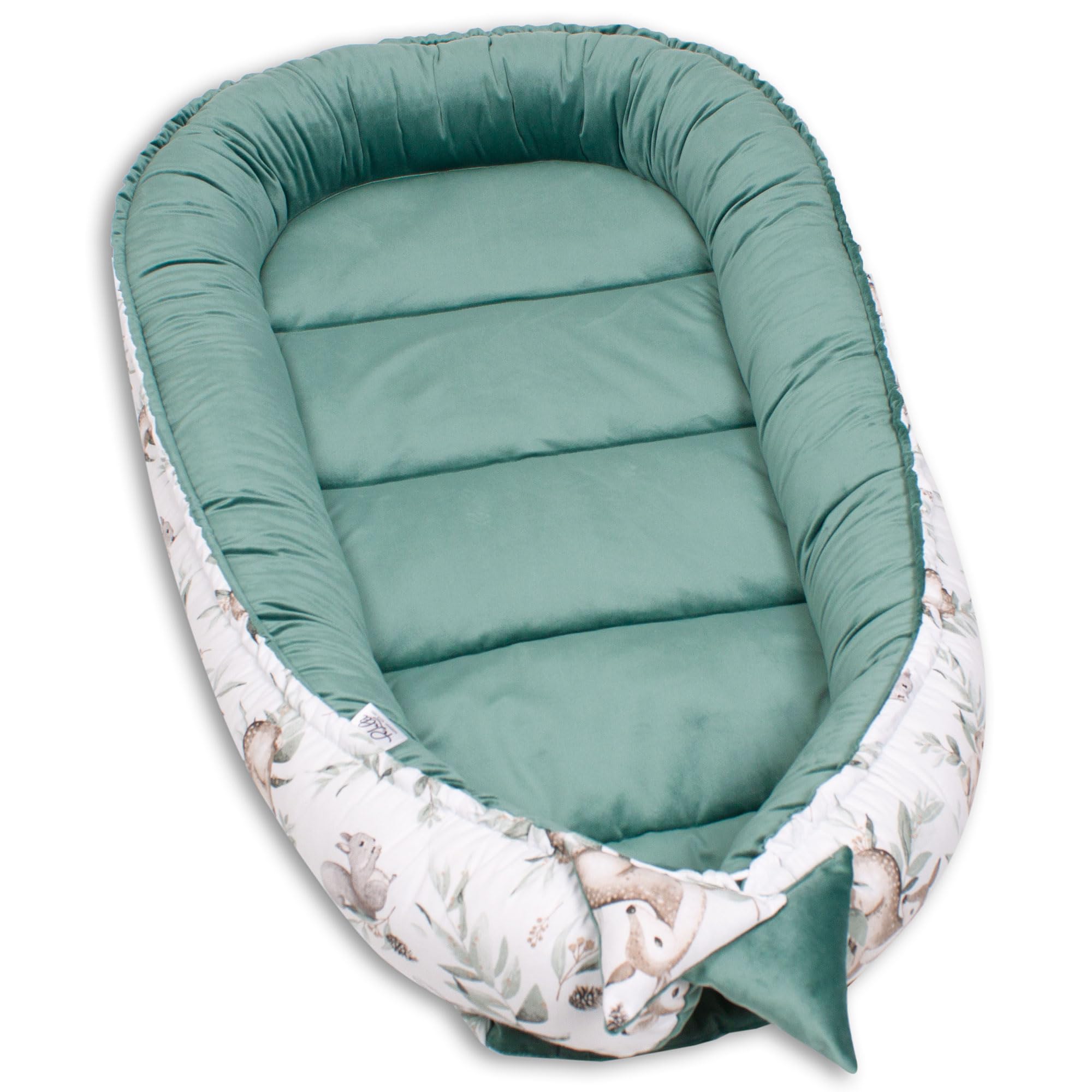PaLulli Kuschelnest 2-seitig Babynest Babynestchen Baby Nest Nestchen Reisebett Wickelauflage Kuschelbett, Kokon Kokon für Babybett - Babys und Säuglinge, 100% Baumwolle Oeko TEX (Grüne Hirsche)