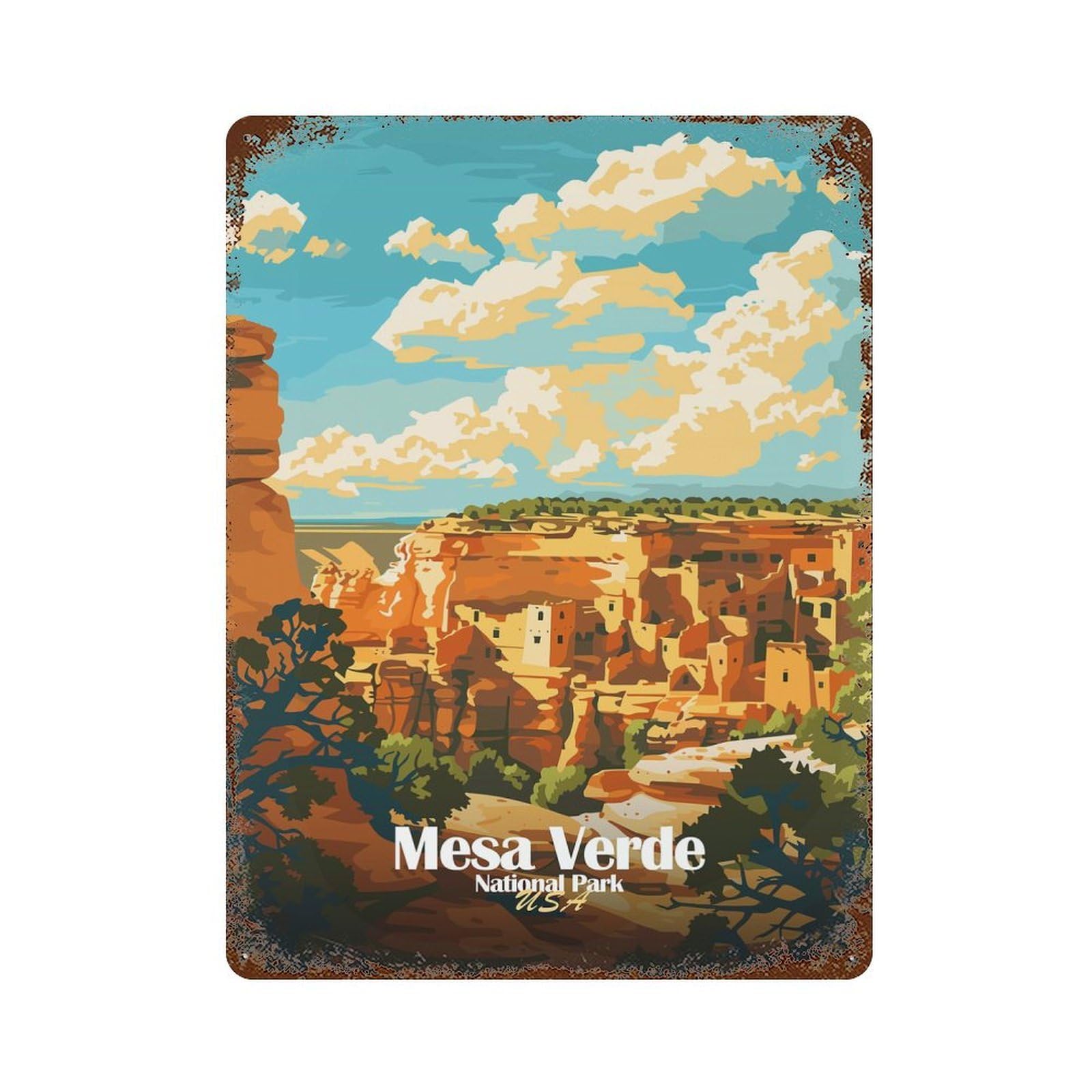 Vintage Rust Metal Sign with Mesa Verde National Park Illustration Design 15.7"x11.8", for Farmhouse, Kitchen And Entryway Decor, Novelty Wall Decor