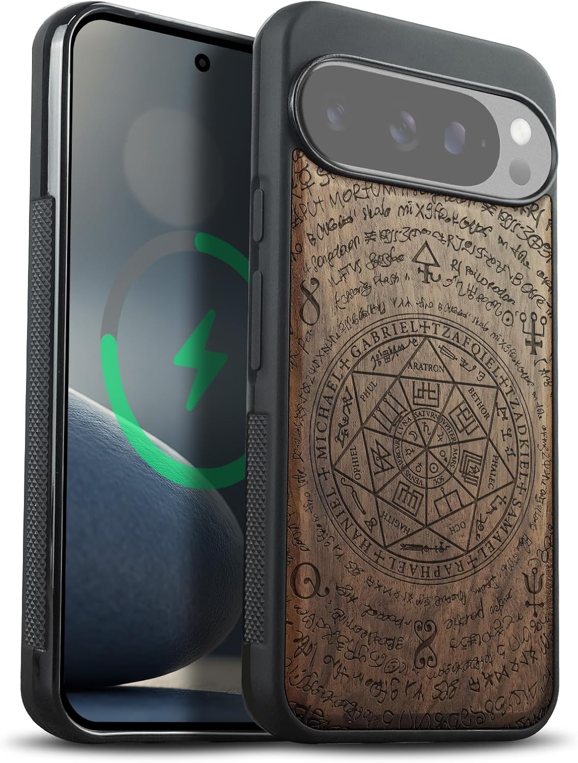 Carveit Magnetic Wooden Case for Google Pixel 10 Pro XL Case, Wood Artisan Engraved & Soft TPU Shockproof Cover, Compatible with MagSafe Wireless Chargers (Rchangel Solomon's Seals) Walnut