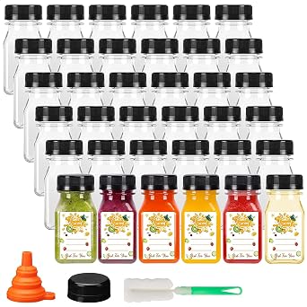 BAKHUK 108pcs 4oz 8oz 16oz Mini Plastic Juice Bottles with Caps, Empty Reusable Clear Bulk Beverage Containers for Juice, Milk and Other Beverages