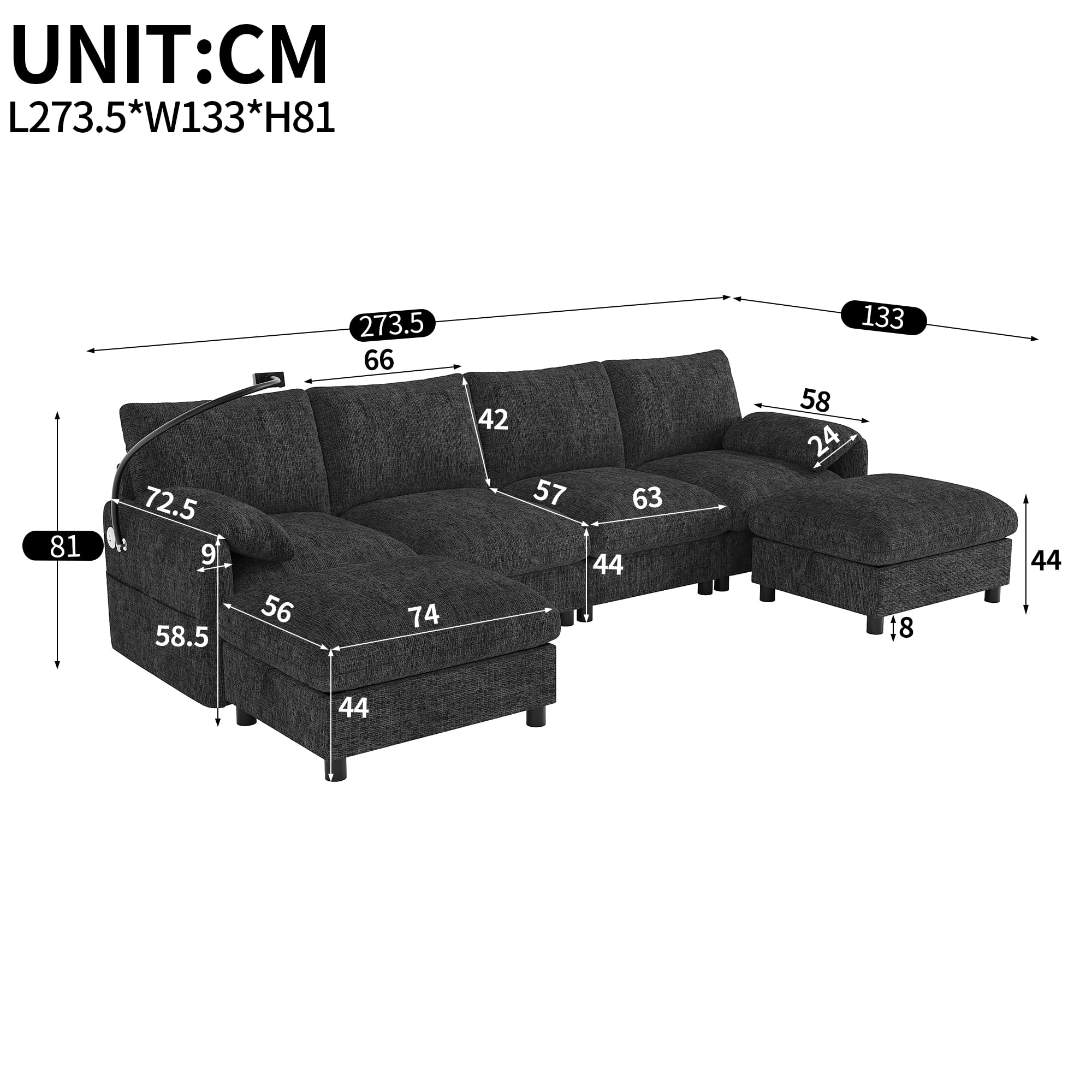 Sofa Modular Esquinero en Forma de U/L con 2 Taburetes de Almacenaje | Sofa Rinconera con USB y Soporte para Móvil, Sofas de Salon para 6 Personas, Chenilla, 273.5x133x81 cm, Gris