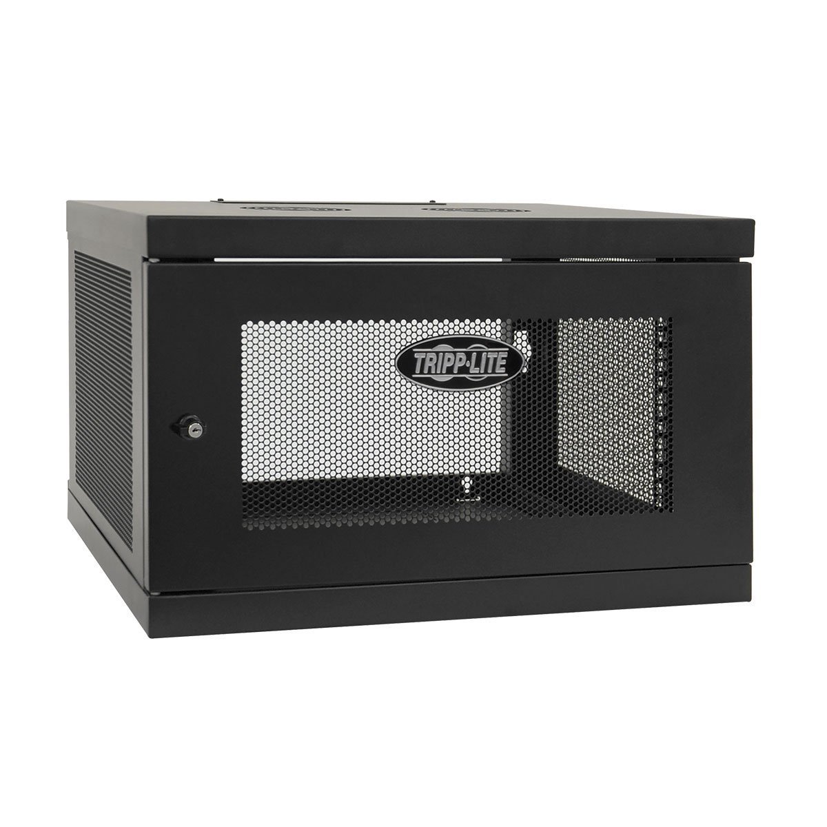 Compact wall-mount rack enclosure with front door and side panels, shown assembled from the front