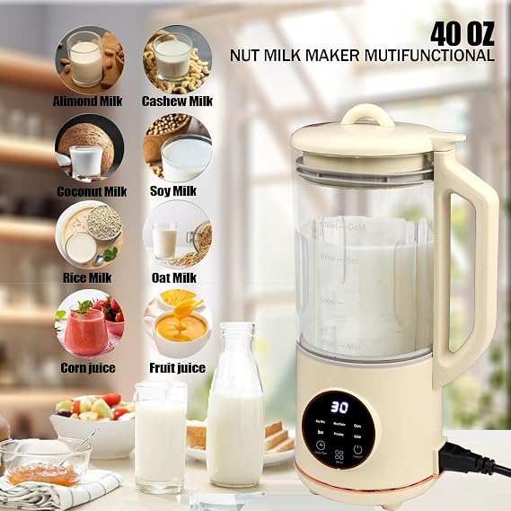 Soy Milk Maker, 1.2L Automatic Nut Milk Machine with 12-Hour Timer, Self-Cleaning & Keep Warm, 600W Multifunction Plant-Based Milk Maker for Almond, Oat, Cashew & Soy Milk