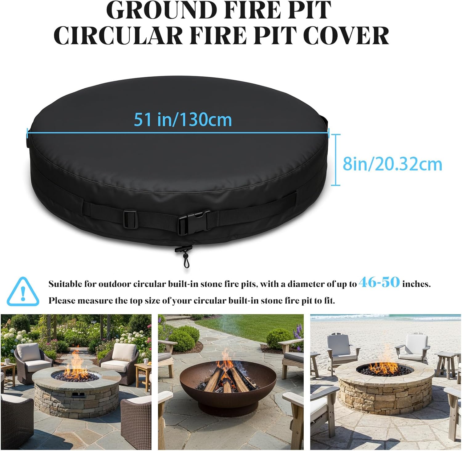 Round Fire Pit Cover 51-56" | Heavy Duty 600D Oxford Waterproof Outdoor Firepit Cover with Adjustable Buckle Strap for In-Ground Built-In Stone/Gas Fire Pits(Black, 51")