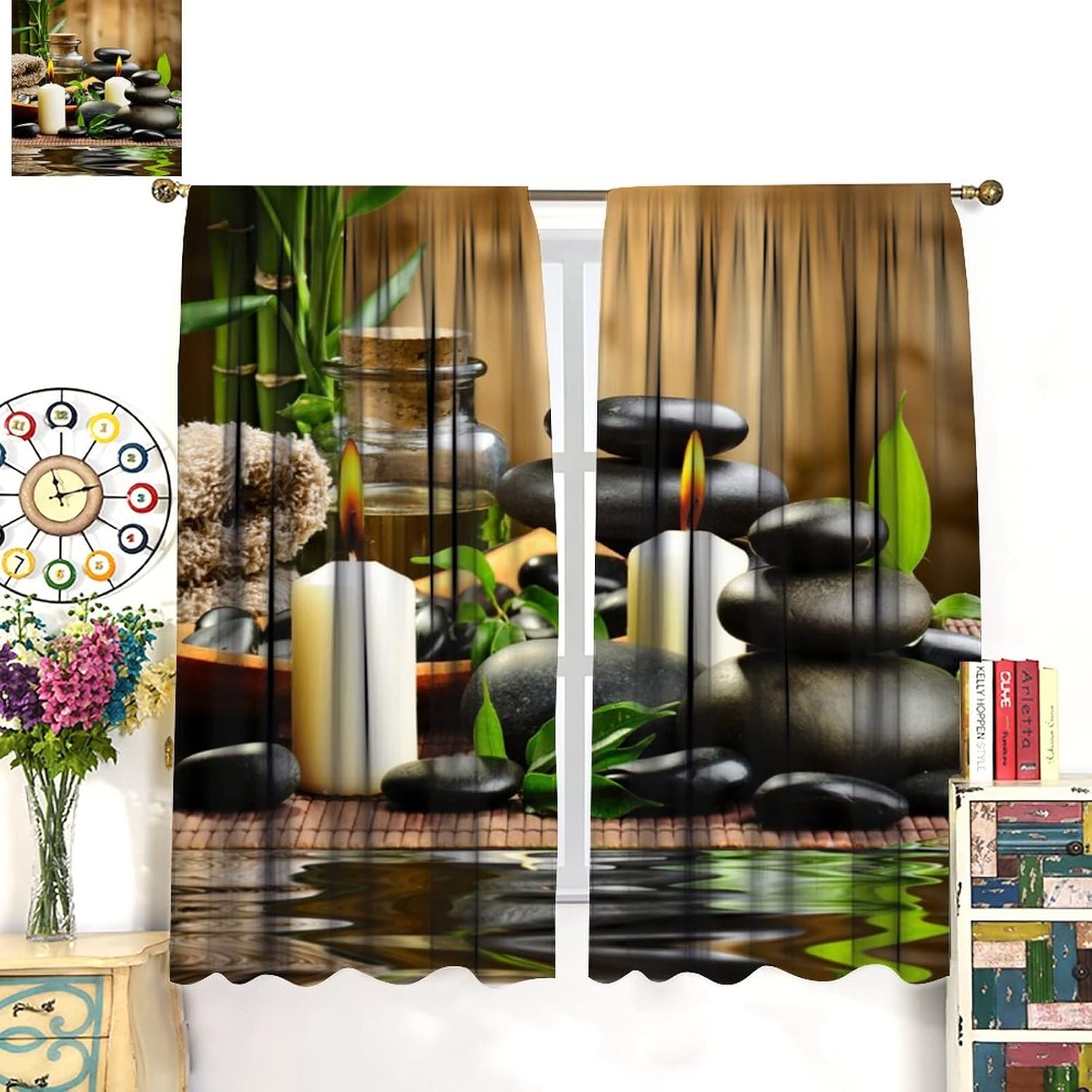 Zen Spa Japanese Garden Theme Blackout Curtains - Black Stone Flower Green Bamboo Print Rod Pocket Window Drapes Set Energy Saving Thermal Insulated Drapes,2 Panels 45L x 21W